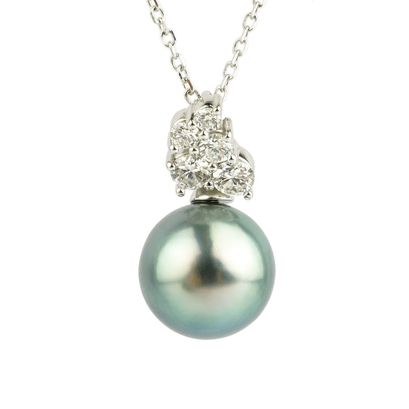 Silvery Blue Tahitian Pearl & Diamond Asteria Pendant or Necklace on 14K White Gold