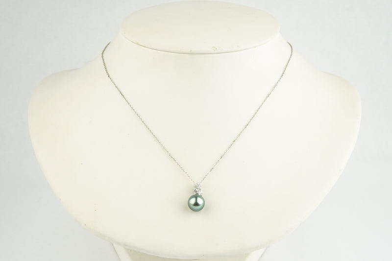 Silvery Blue Tahitian Pearl & Diamond Asteria Pendant or Necklace on 14K White Gold