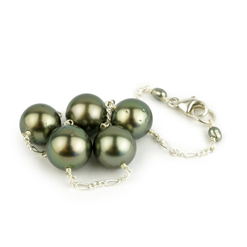 Golden Green Tahitian Pearl Tin Cup Bracelet on Sterling Silver