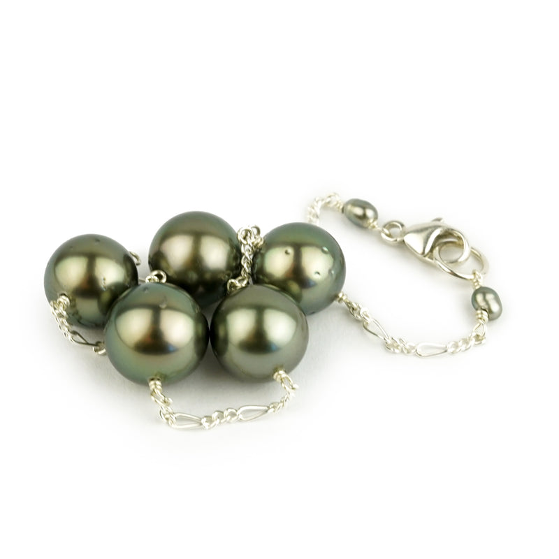 Golden Green Tahitian Pearl Tin Cup Bracelet on Sterling Silver