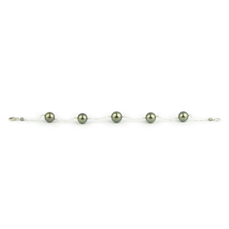 Golden Green Tahitian Pearl Tin Cup Bracelet on Sterling Silver