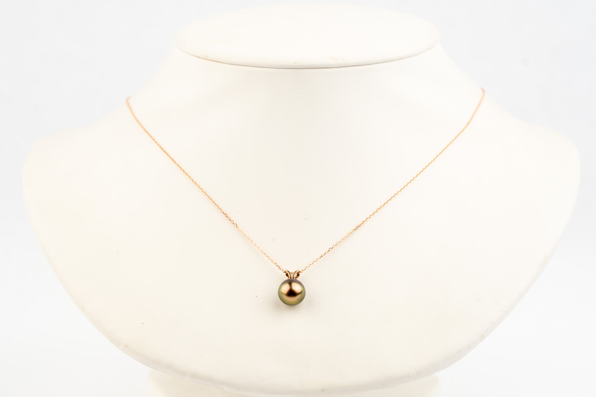 Coppery Green Sunburst 8.6mm Tahitian Pearl I'a Necklace on 14K Rose Gold