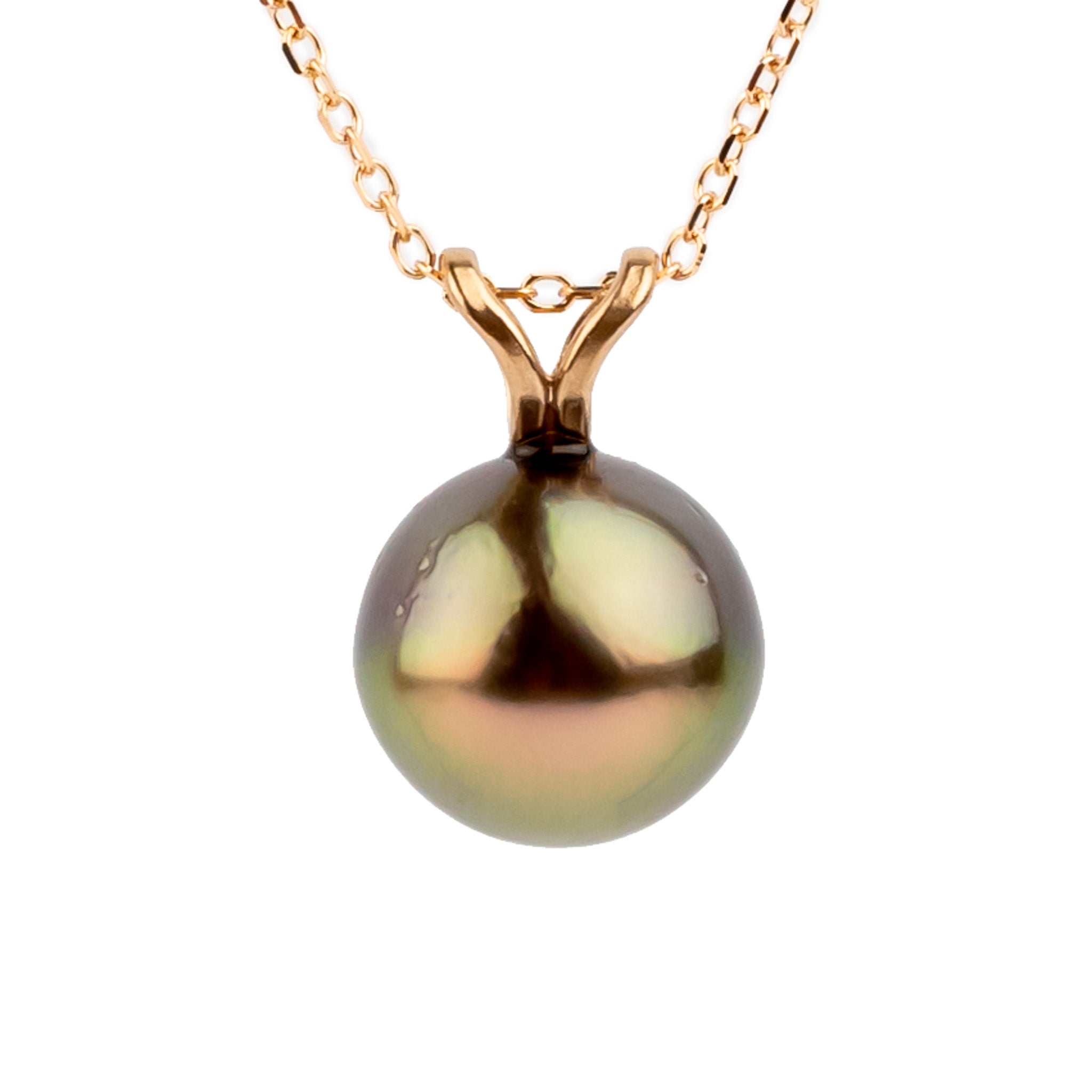 Coppery Green Sunburst 8.6mm Tahitian Pearl I'a Necklace on 14K Rose Gold