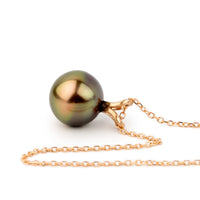 Coppery Green Sunburst 8.6mm Tahitian Pearl I'a Necklace on 14K Rose Gold