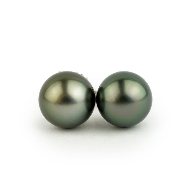 Dark Peacock Green 9.3-9.7mm Tahitian Pearl Stud Earrings