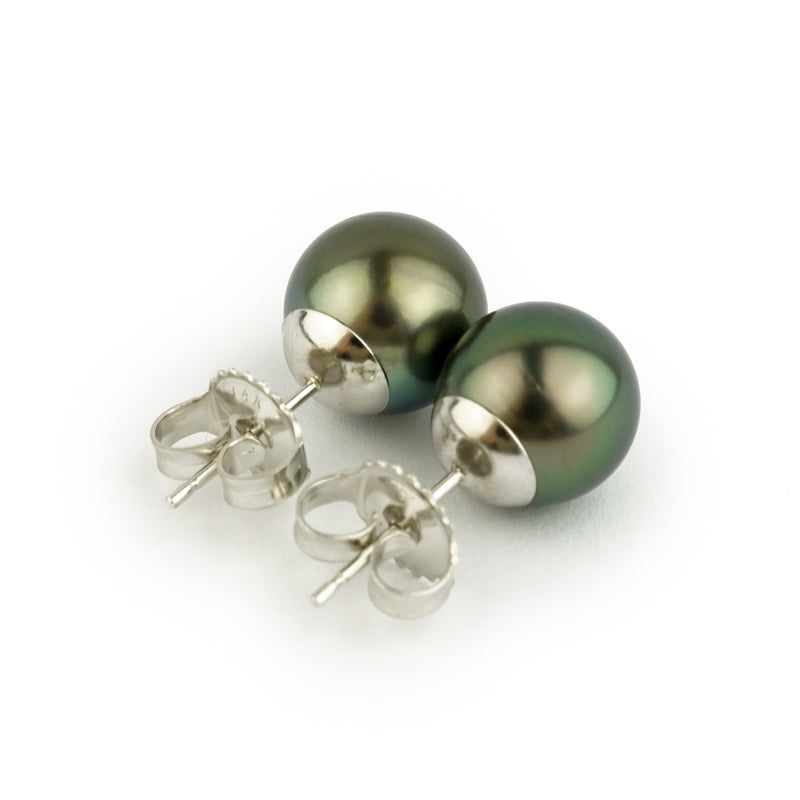 Dark Peacock Green 9.3-9.7mm Tahitian Pearl Stud Earrings