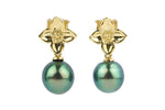 Bright green plumeria 14K gold Tahitian pearl earrings