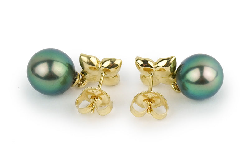 Bright green plumeria 14K gold Tahitian pearl earrings