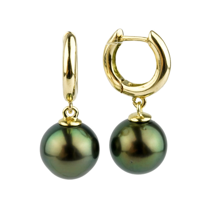 Peacock Green Tahitian Pearl Huggie Hoop Earrings