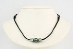 Tahitian pearl blue green to silver white kangaroo leather necklace