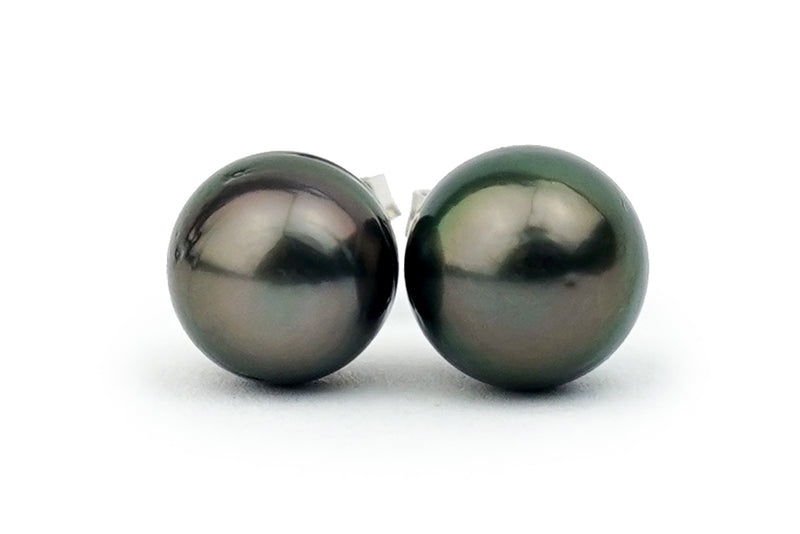 Black midnight Tahitian pearl stud earrings 8.5mm to 9mm on 14k White gold