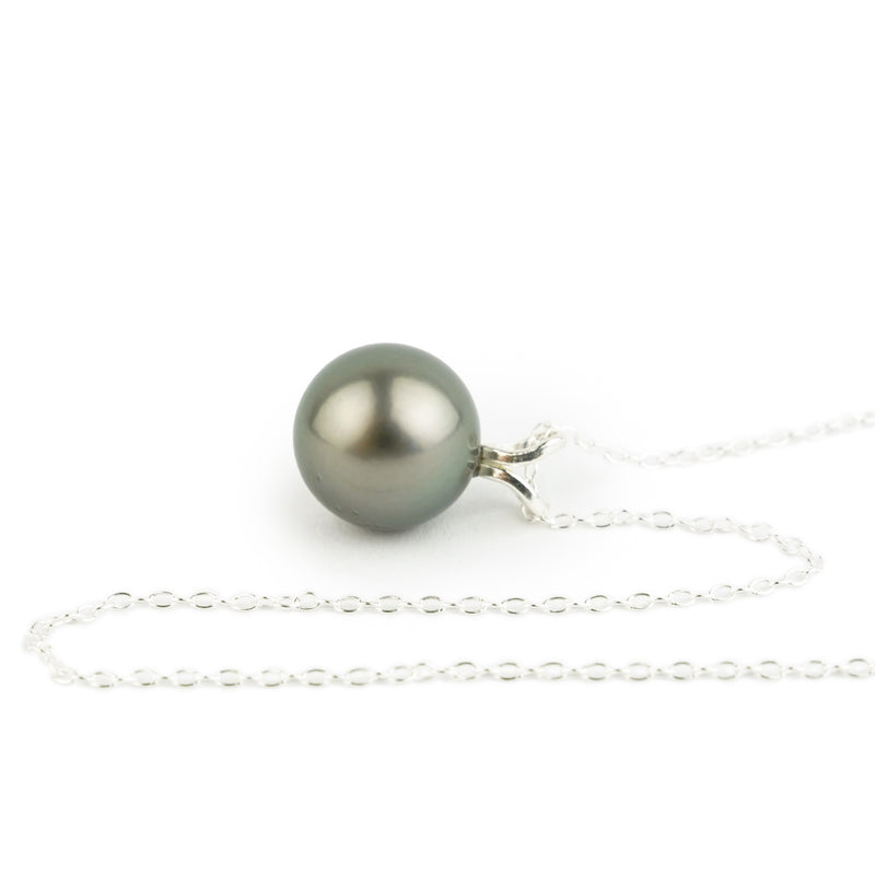 Dark Silvery 9.7mm Tahitian Pearl I'a Necklace on Sterling Silver