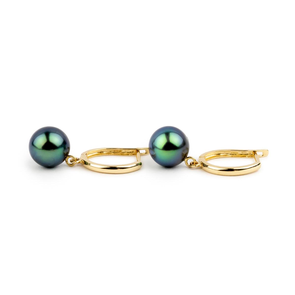 Flashy Blue-Green 8.2mm Tahitian Pearl U-Hoop Earrings on 14K Yellow Gold