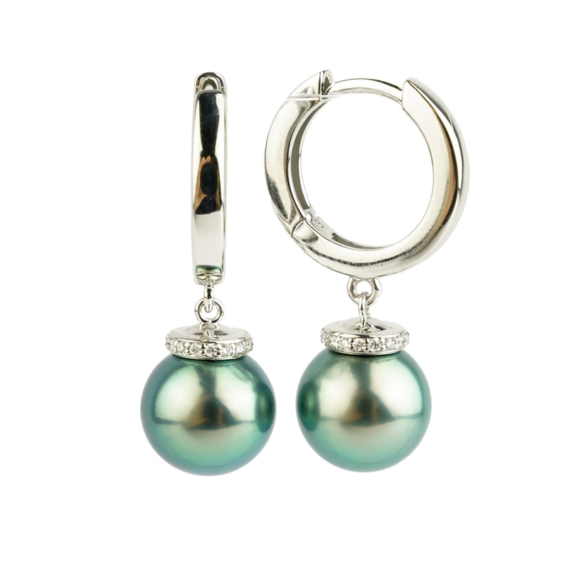 Bright Blue Tahitian Pearl & Diamond Halo Earrings