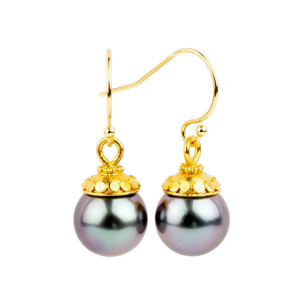 18K Purple Oasis Balinese Tahitian Pearl Dangle Earrings