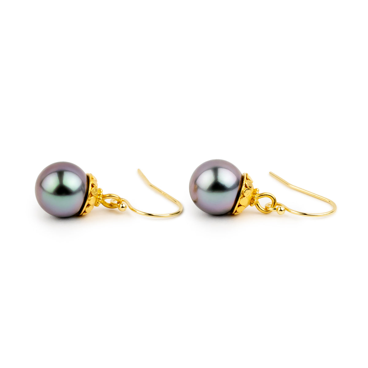 18K Purple Oasis Balinese Tahitian Pearl Dangle Earrings