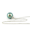 Bright Blue-Green Tahitian Pearl & Diamond Halo Necklace on 14K White Gold