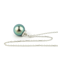 Bright Blue-Green Tahitian Pearl & Diamond Halo Necklace on 14K White Gold