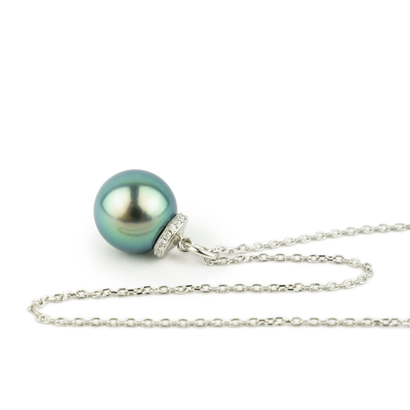 Bright Blue-Green Tahitian Pearl & Diamond Halo Necklace on 14K White Gold