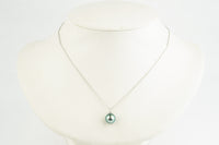 Bright Blue-Green Tahitian Pearl & Diamond Halo Necklace on 14K White Gold