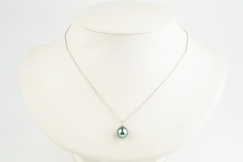 Bright Blue-Green Tahitian Pearl & Diamond Halo Necklace on 14K White Gold