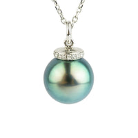 Bright Blue-Green Tahitian Pearl & Diamond Halo Necklace on 14K White Gold