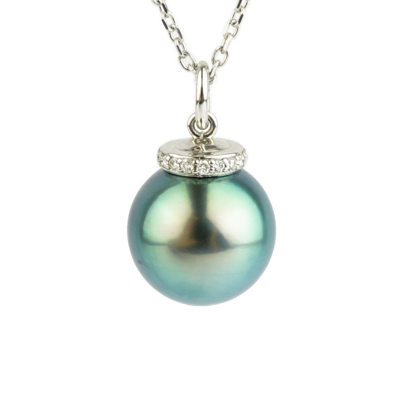 Bright Blue-Green Tahitian Pearl & Diamond Halo Necklace on 14K White Gold