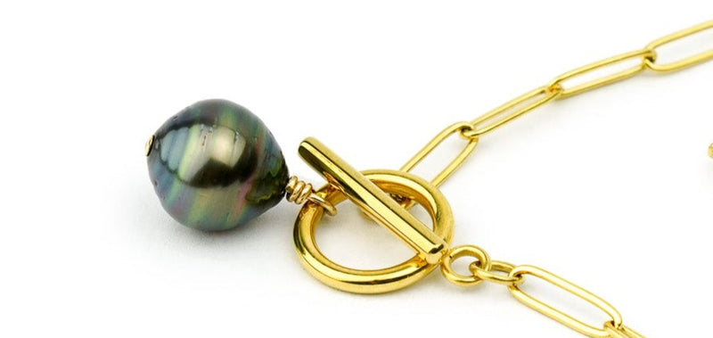 Green & Blue Tahitian Pearl Paperclip Toggle Necklace