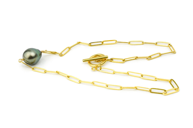 Dark Golden Green Circles 12.5mm Tahitian Pearl Paperclip Necklace