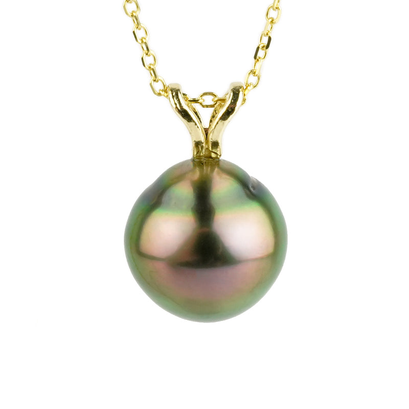 Flashy Aubergine 9.5mm Tahitian Pearl I'a Necklace on 14K Yellow Gold