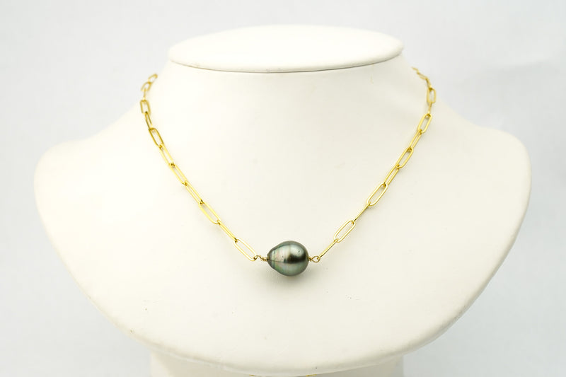Dark Golden Green Circles 12.5mm Tahitian Pearl Paperclip Necklace