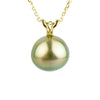 Golden Green 9.5mm Tahitian Pearl I'a Necklace on 14K Yellow Gold