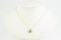 Golden Green 9.5mm Tahitian Pearl I'a Necklace on 14K Yellow Gold