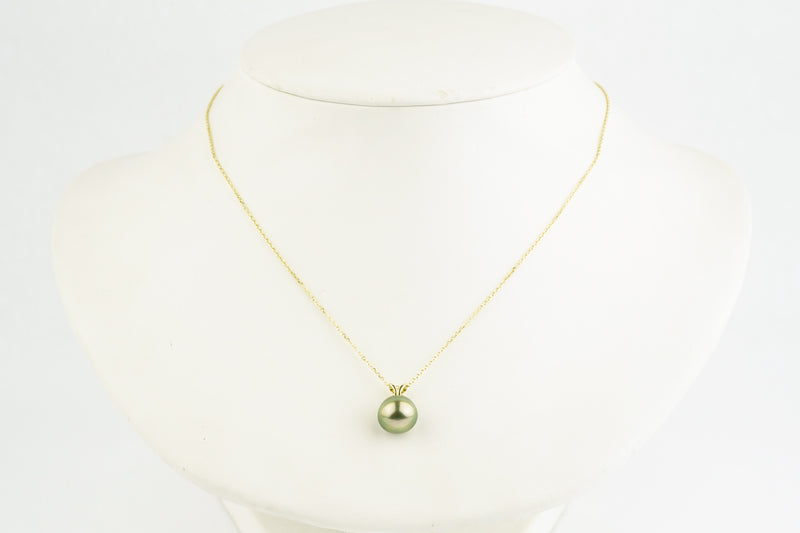 Golden Green 9.5mm Tahitian Pearl I'a Necklace on 14K Yellow Gold