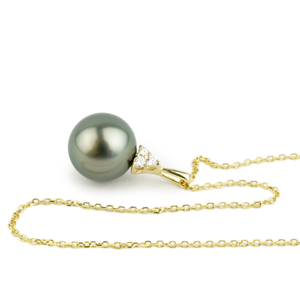 Dark Silvery Green Tahitian Pearl & Diamond Toru Necklace on 14K Yellow Gold