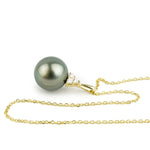 Dark Silvery Green Tahitian Pearl & Diamond Toru Necklace on 14K Yellow Gold