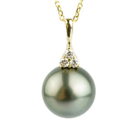 Dark Silvery Green Tahitian Pearl & Diamond Toru Necklace on 14K Yellow Gold