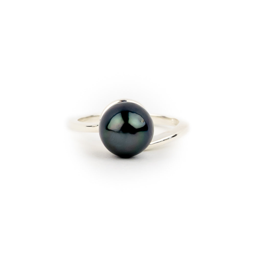 Midnight Blue Baroque 8.9mm Tahitian Pearl Swirl Ring on Sterling Silver