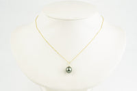 Dark Silvery Green Tahitian Pearl & Diamond Toru Necklace on 14K Yellow Gold