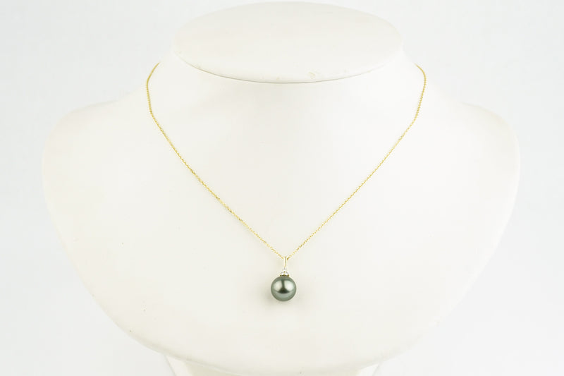 Dark Silvery Green Tahitian Pearl & Diamond Toru Necklace on 14K Yellow Gold