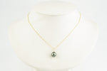 Dark Silvery Green Tahitian Pearl & Diamond Toru Necklace on 14K Yellow Gold