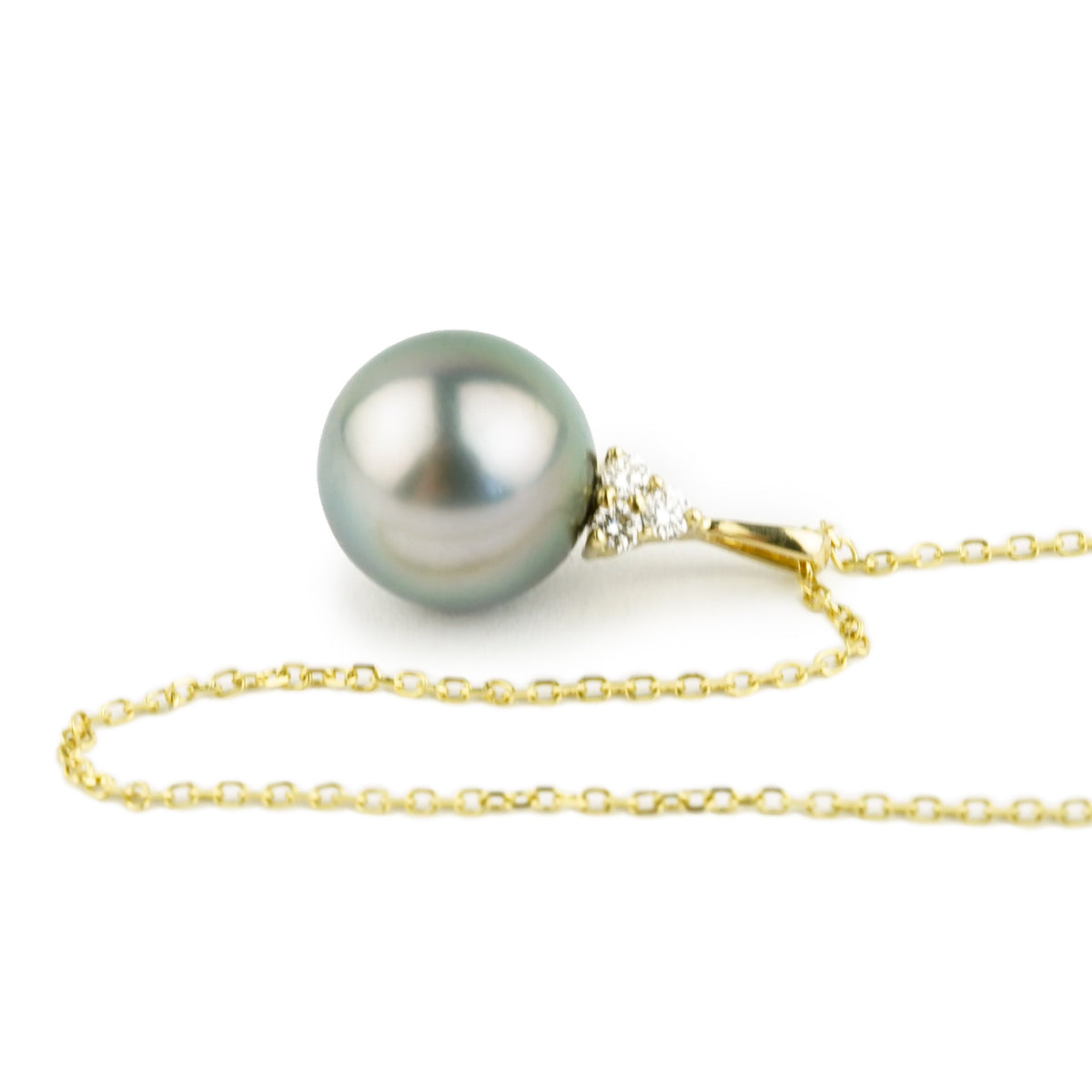 Light Pink-Green Tahitian Pearl & Diamond Toru Necklace on 14K Yellow Gold