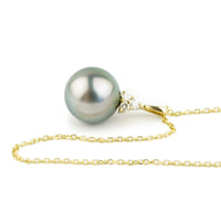 Light Pink-Green Tahitian Pearl & Diamond Toru Necklace on 14K Yellow Gold