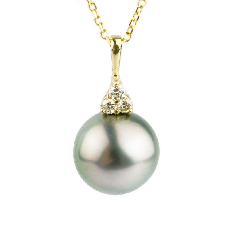 Light Pink-Green Tahitian Pearl & Diamond Toru Necklace on 14K Yellow Gold