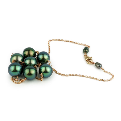 Flashy Blue-Green Tahitian Pearl Tin-Cup Necklace on 14k Rose Gold