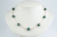 Flashy Blue-Green Tahitian Pearl Tin-Cup Necklace on 14k Rose Gold