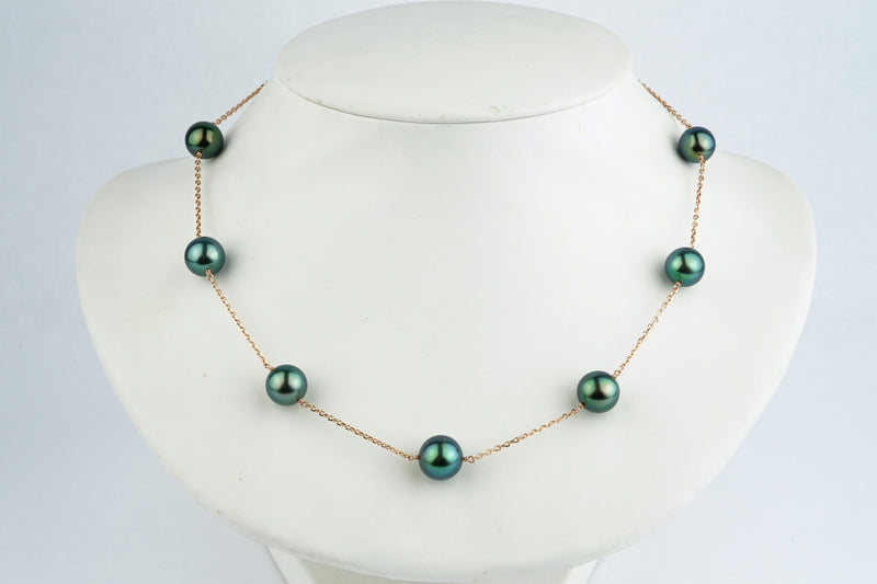 Flashy Blue-Green Tahitian Pearl Tin-Cup Necklace on 14k Rose Gold