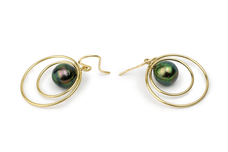 Bright Green Circles Tahitian Pearl Double Hoop Dangle Earrings
