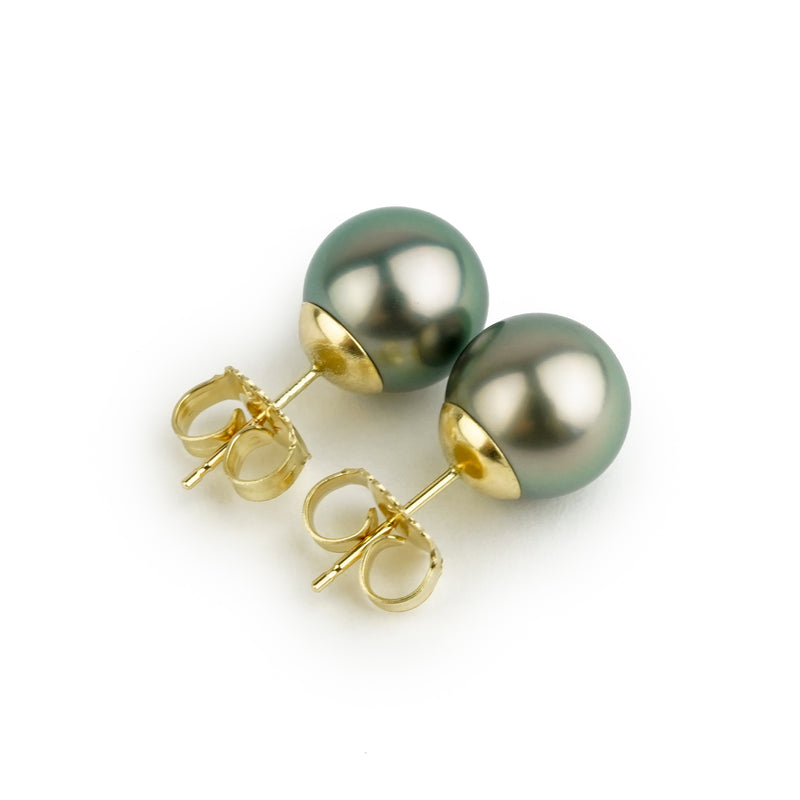 Pink-Green Peacock 9.2-9.8mm Tahitian Pearl Stud Earrings