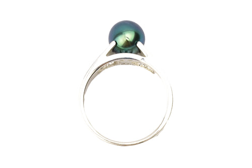 Electric Blue 8.7mm Tahitian Pearl Cathedral Ring (Unisex - Sterling silver)